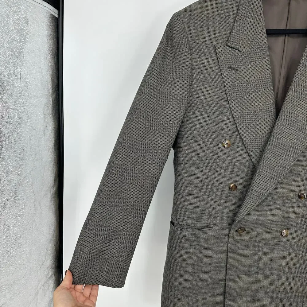 Canali Mens 42R EU52 Double Breasted Sport Coat Jacket Wool Checked Brown Italy